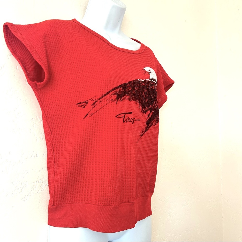 VINTAGE 80s Waffle Knit Cap Sleeve Red Eagle Graphic  T-Shirt Womens M USA RARE - Picture 3 of 8